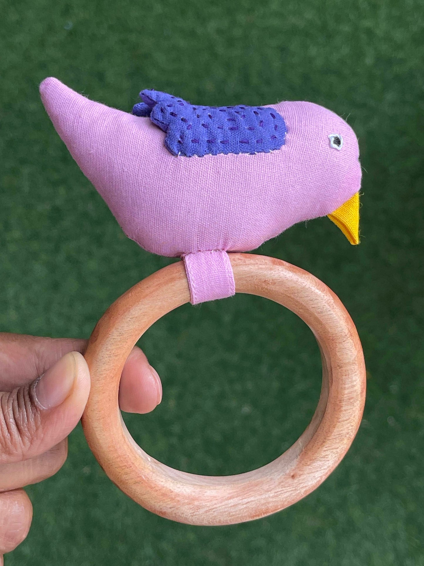 Cute cotton fabric kapok filled bird rattle with wooden ring