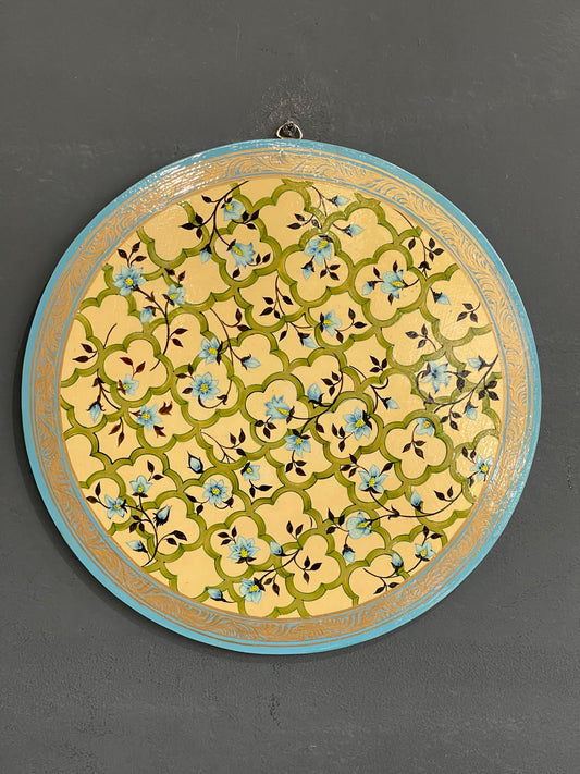 Light yellow base floral fine Kashmiri hand painted wooden wall plate