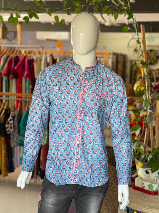 Blue block printed mens band collar full sleeves shirt