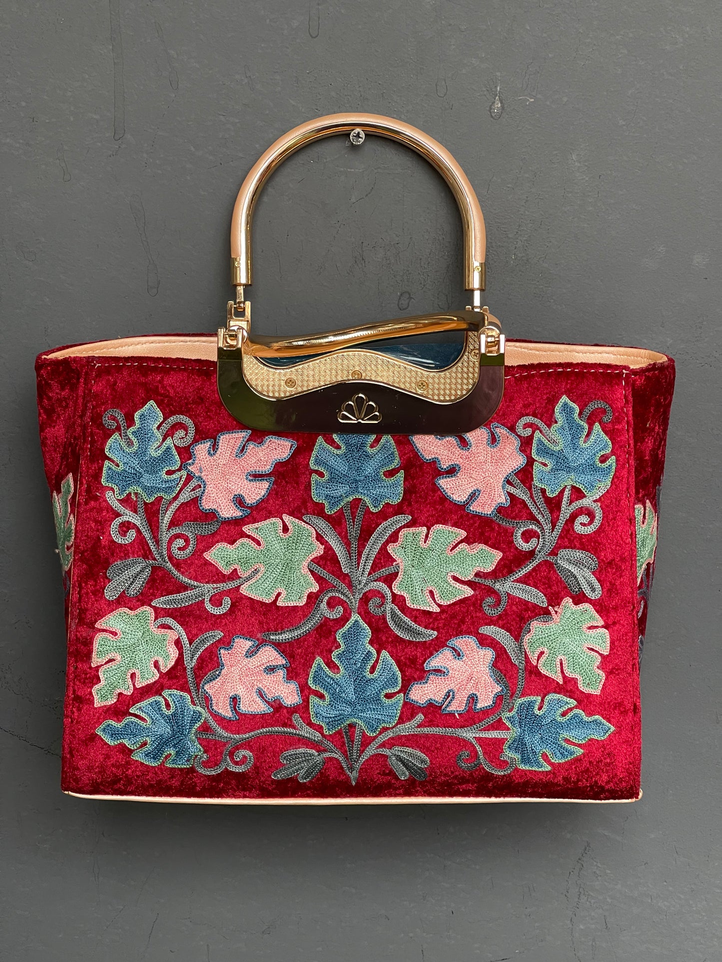 Maroon Kashmiri embroidered hand bag with short and adjustable long handles