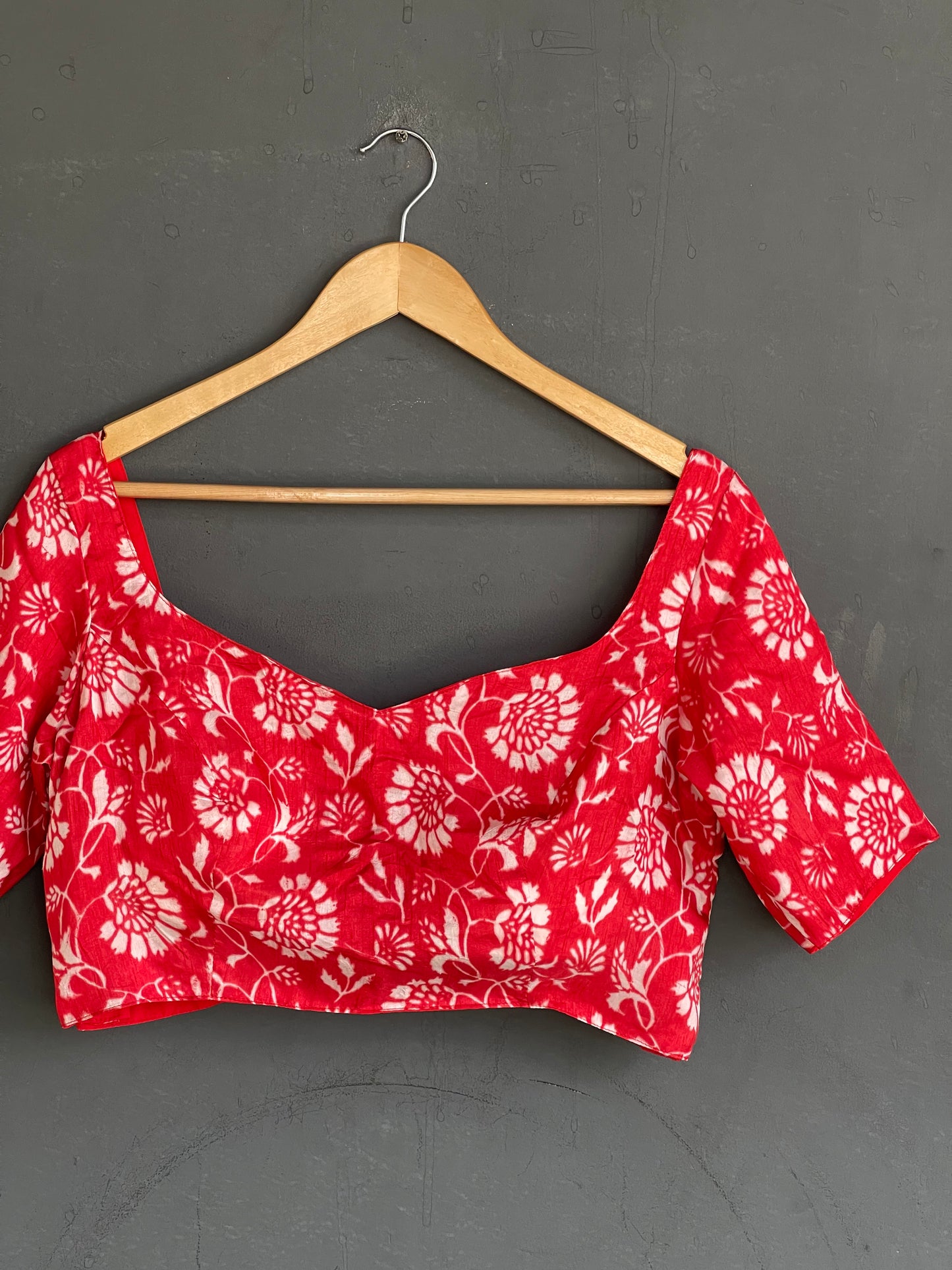 Red floral hand block printed silk blouse