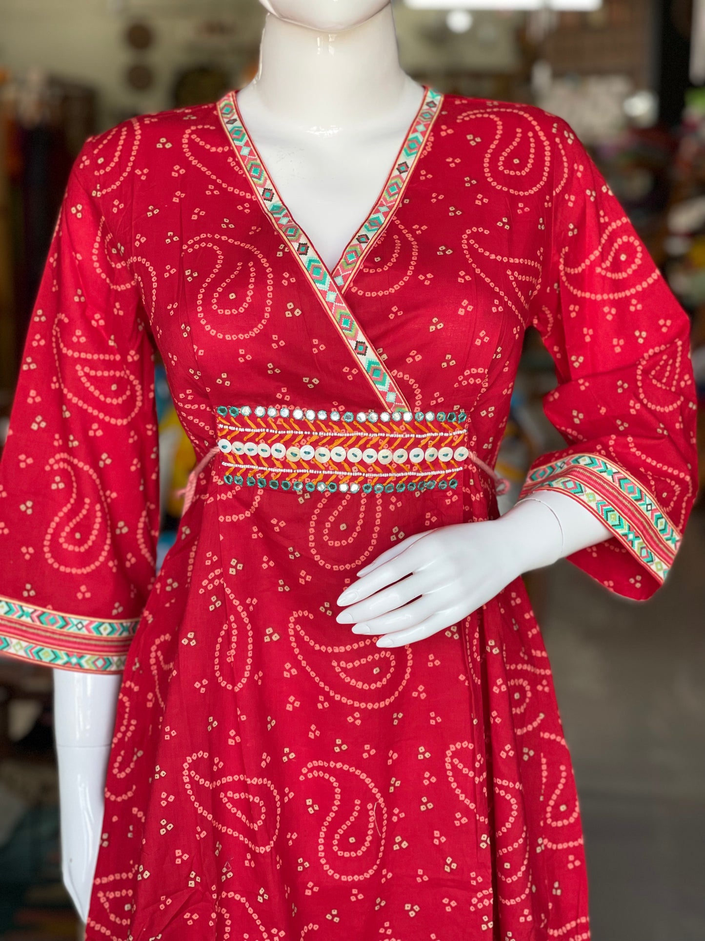 Red dots print embroidered cotton kurta with side ties 2 piece set
