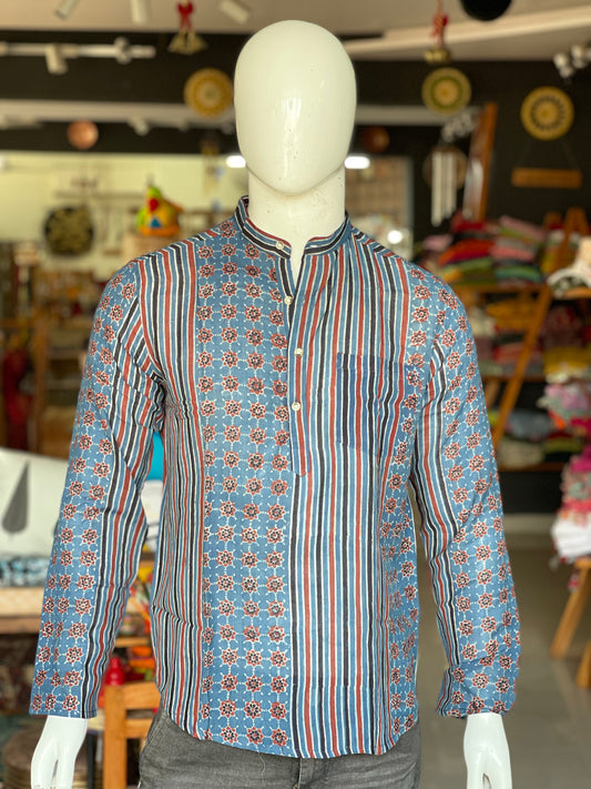 Blue stripes and flowers ajrakh hand block printed handloom full sleeves short kurta for men