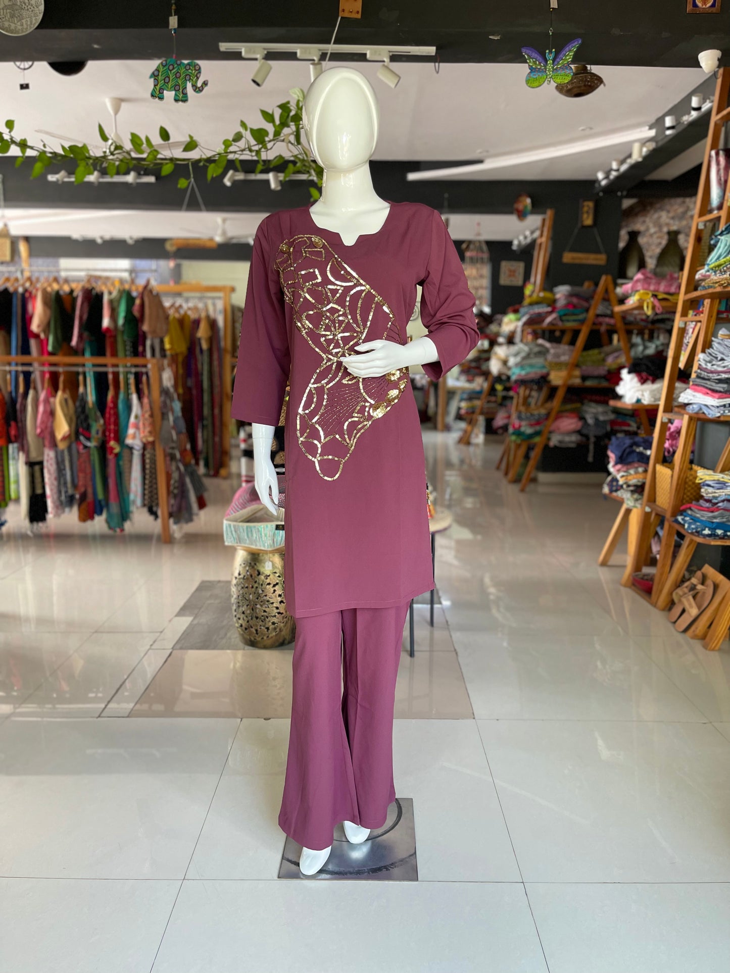 Wine shade hand embroidered Coord set kurti with flared pants