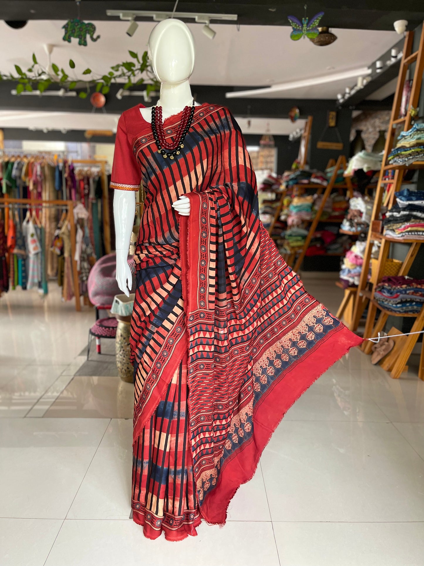 Maroon ajrakh geometric prints hand block printed modal saree