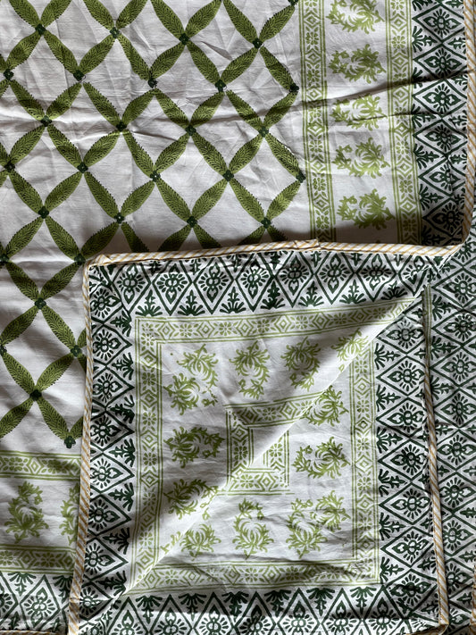 White and green hand block printed single reversible comforter