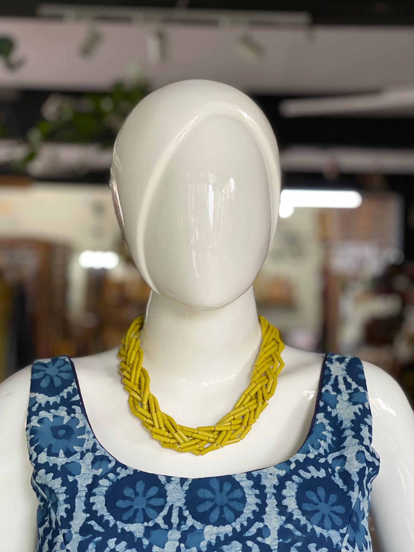 Yellowish green long cylindrical beads handmade neckpiece