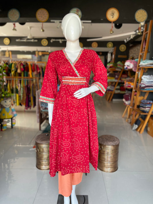 Red dots print embroidered cotton kurta with side ties 2 piece set