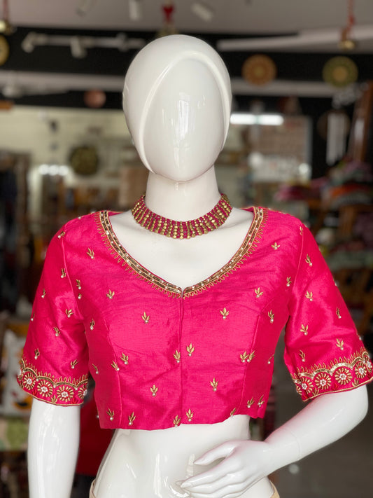 Pink hand work silk blouse with back cut and dori