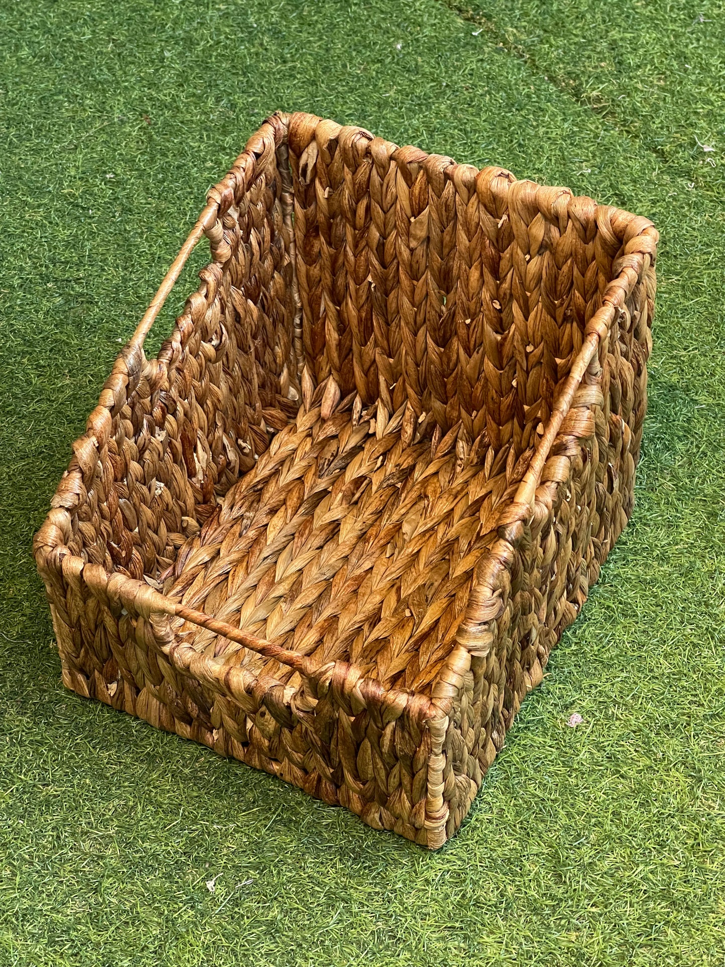 Pantry basket with front and side handles in eco friendly water hyacinth