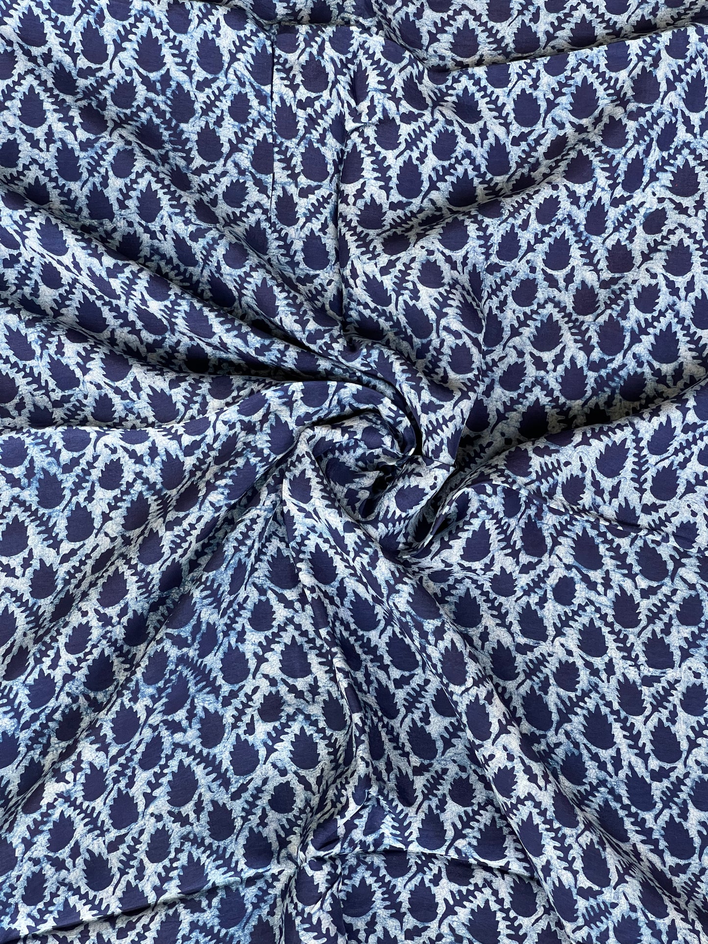Blue dabu hand block printed viscose silk fabric