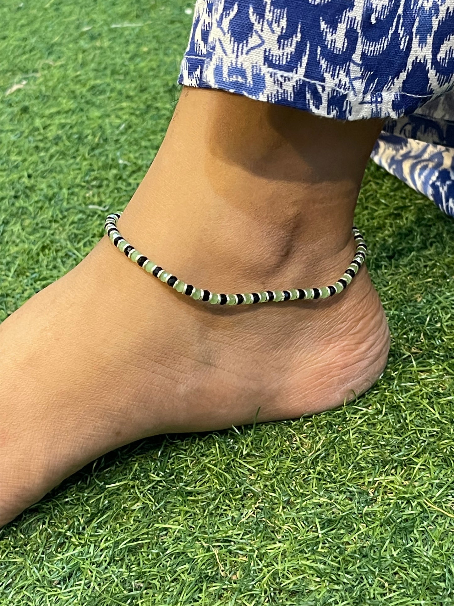 Green and Black beads nazariya sterling silver anklet single