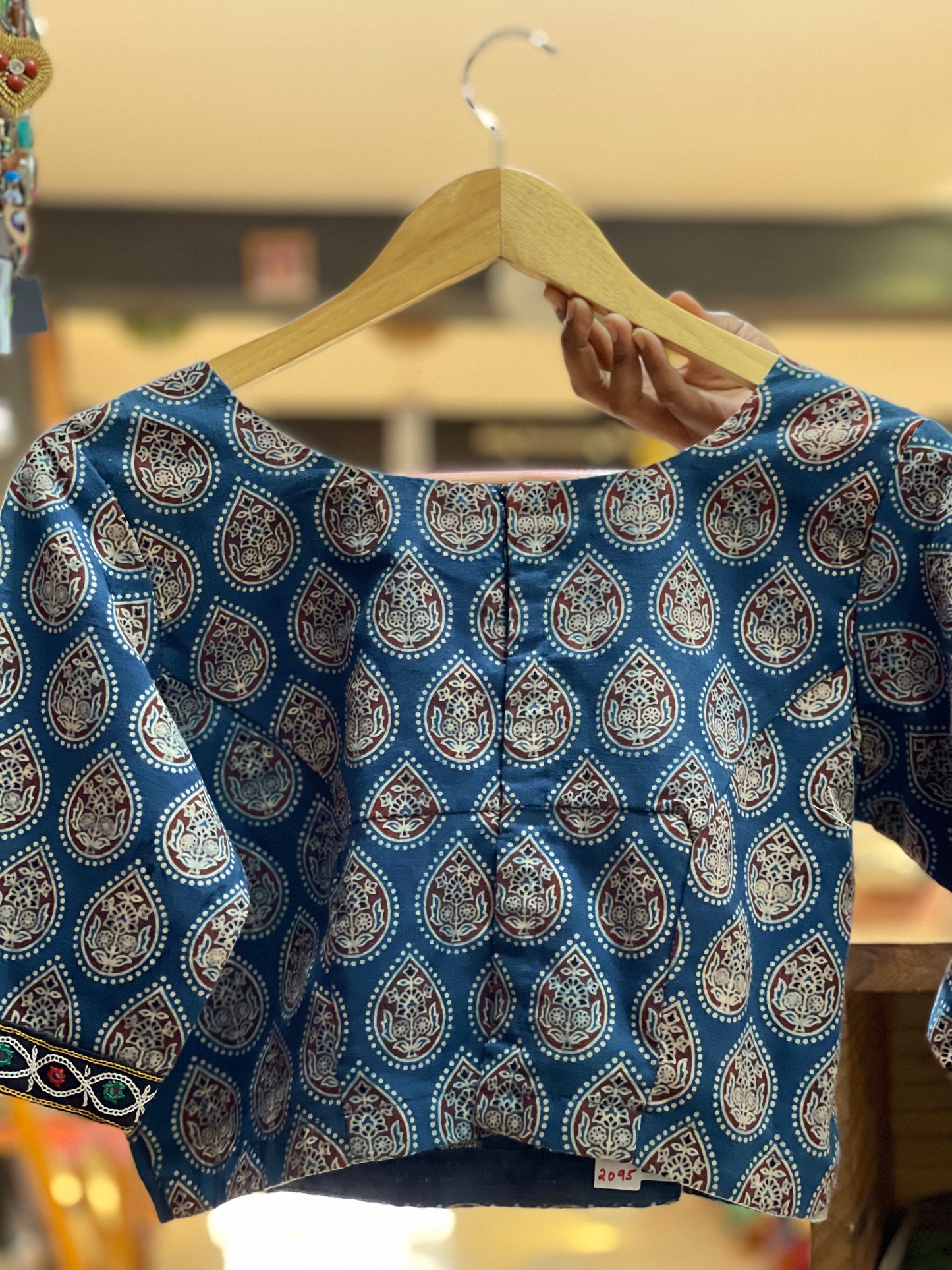 Indigo and maroon ajrakh cotton blouse with hand embroidered mirror work