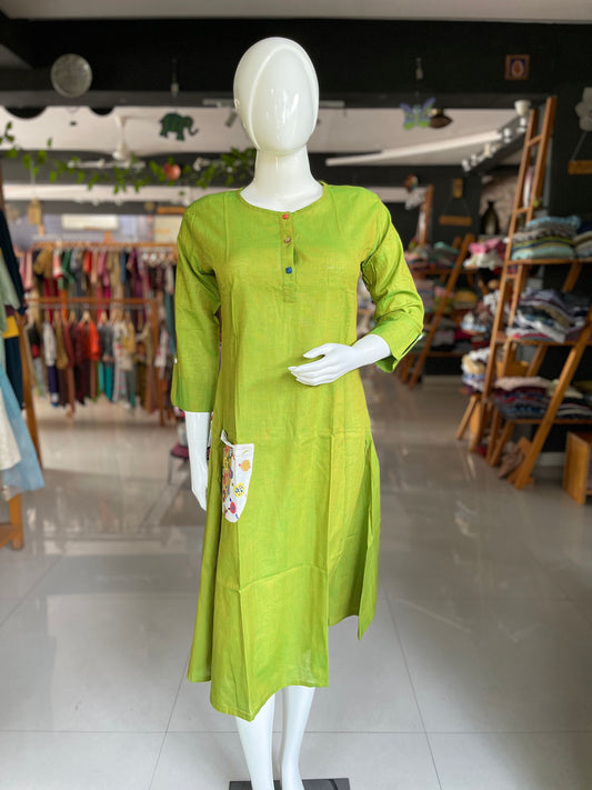 Green cotton kurti with colorful hand embroidered pocket