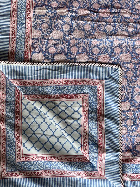 White spires, blue floral hand block printed king size reversible comforter