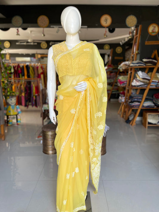 Yellow Georgette hand embroidered chikankari saree