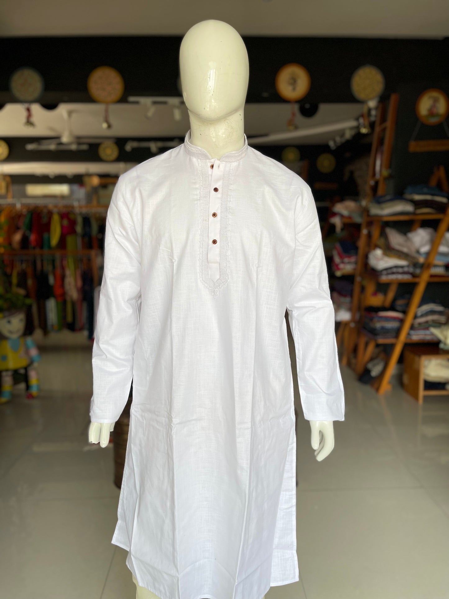 White cotton full sleeves placket embroidered long kurta for men