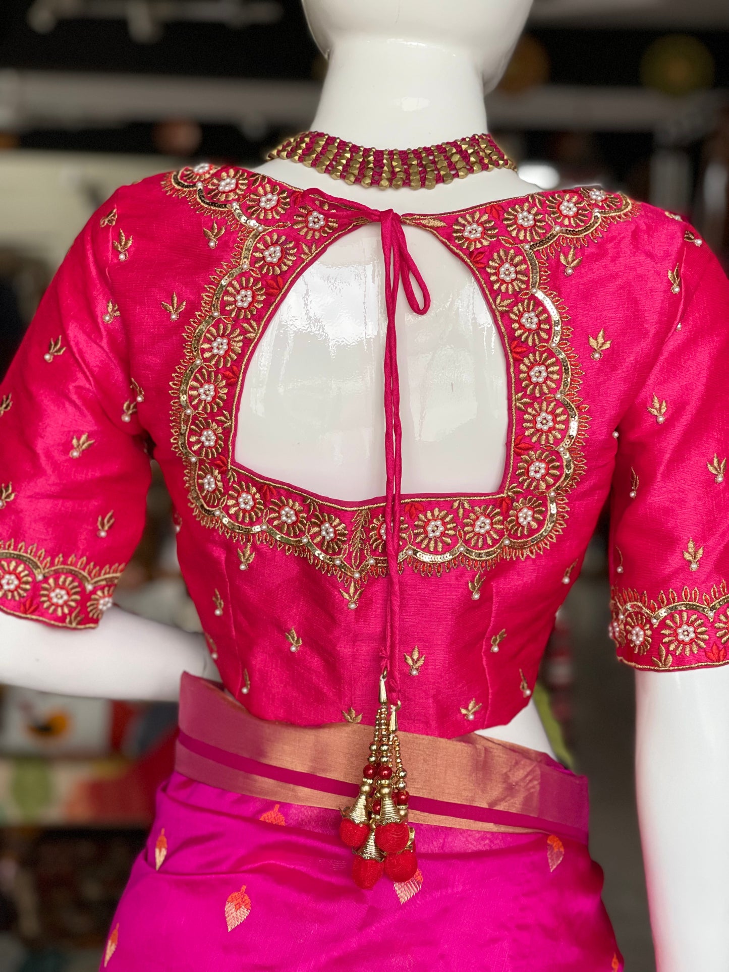 Pink hand work silk blouse with back cut and dori