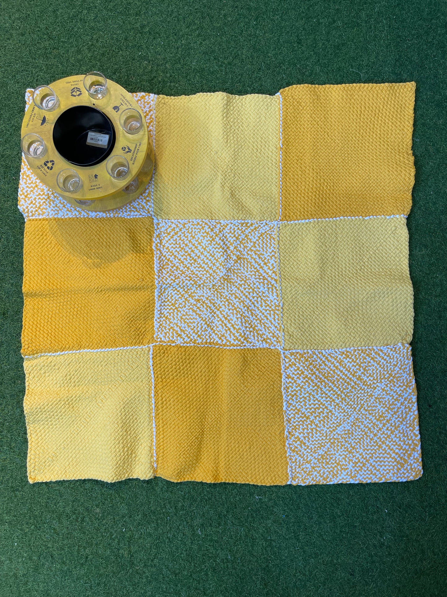 Yellow and white squares handwoven upcycled knitted cotton rug