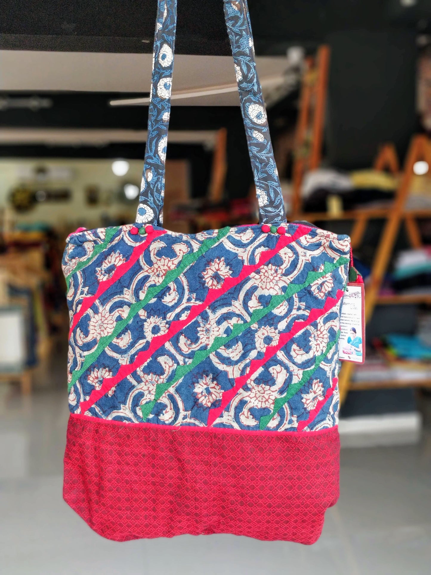 Cotton indigo kalamkari lace bag