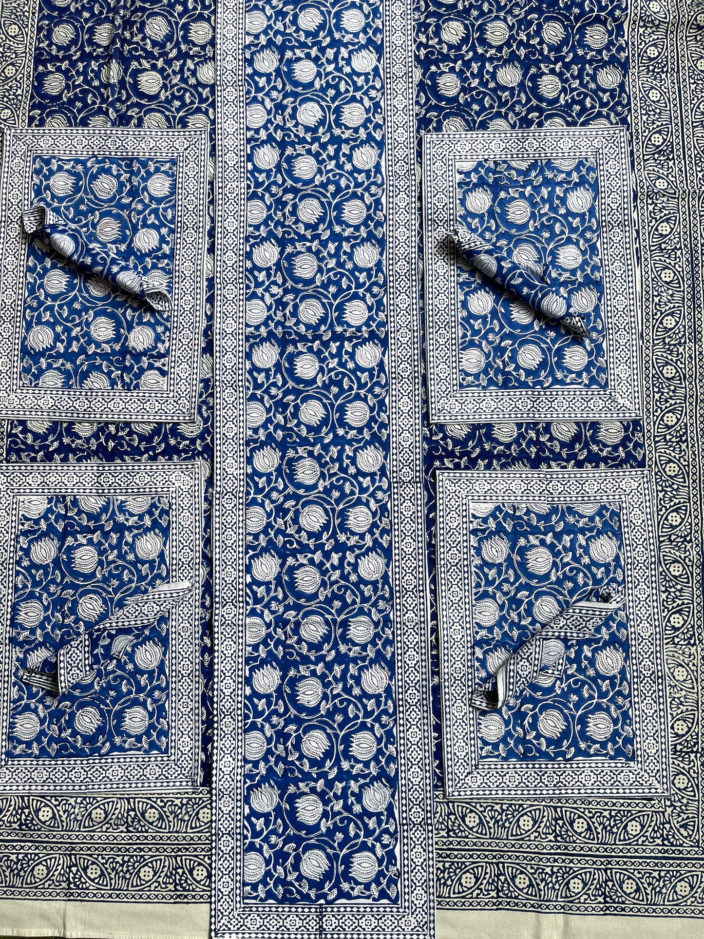 Blue floral hand block printed table cover, runner, 6 place mats and napkins set