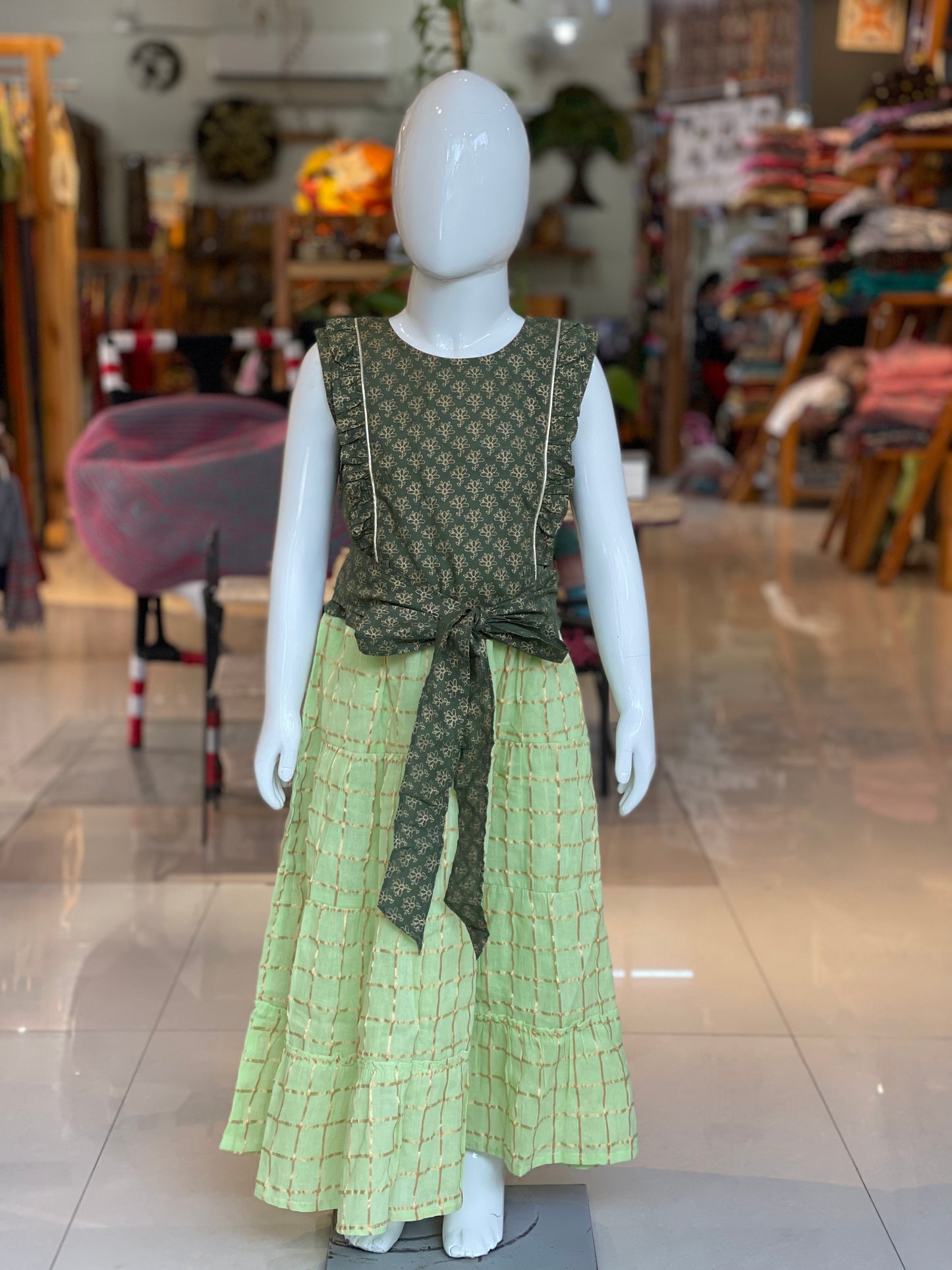 Green cotton Lehenga blouse set for girls