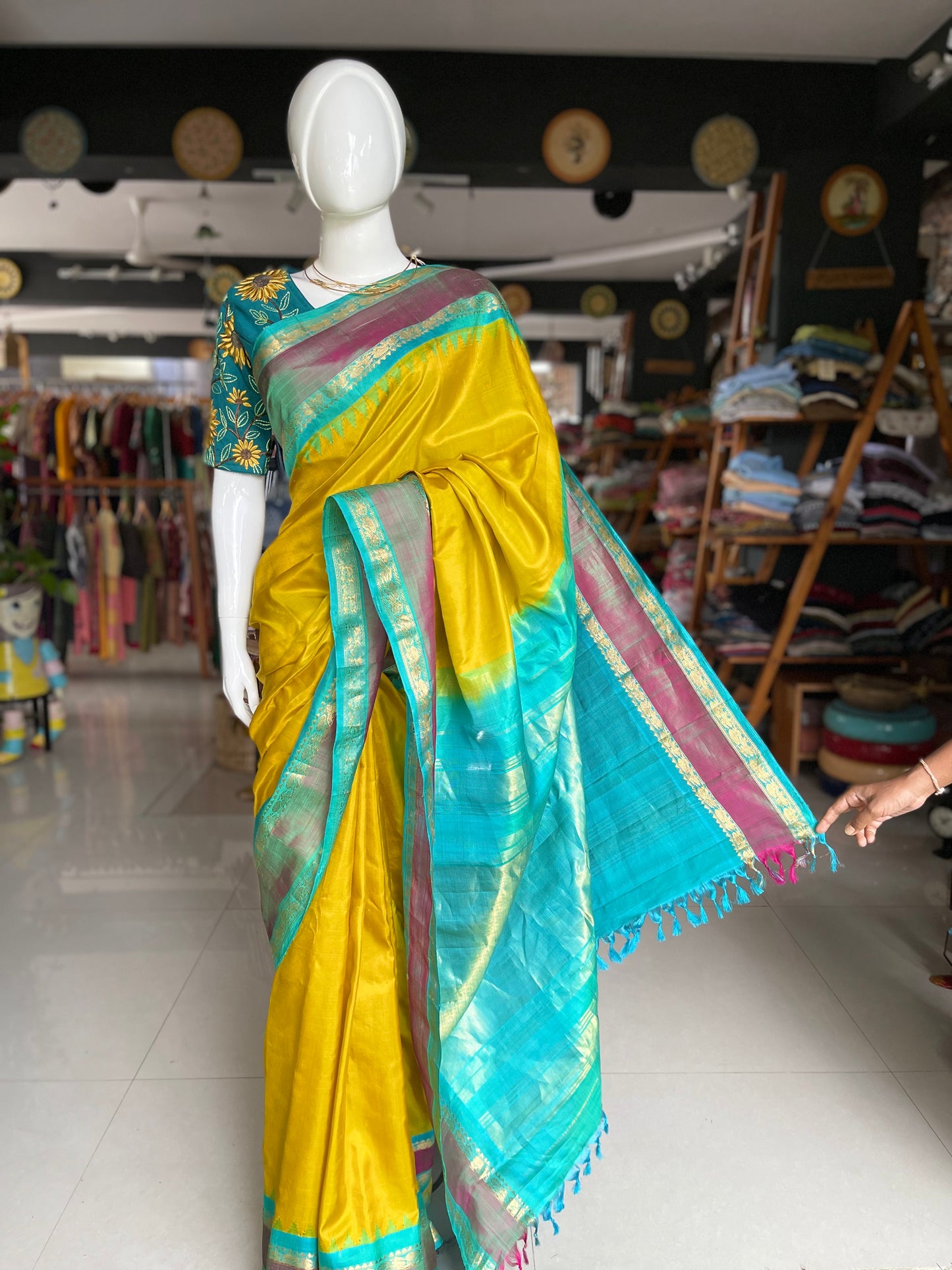 Beautiful mustard and green combination pure silk handwoven Gadwal saree with temple borders