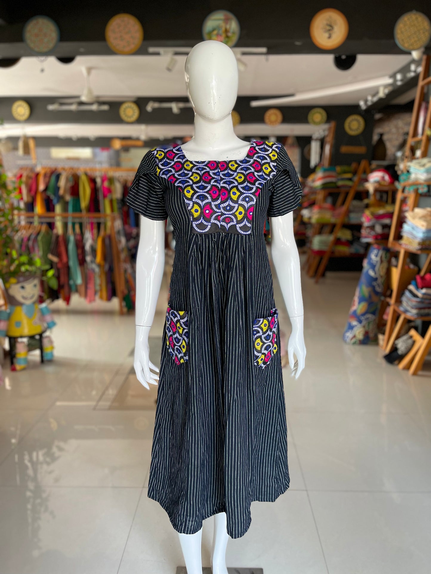 Black stripes handloom cotton dress with vibrant kutch fabric yoke