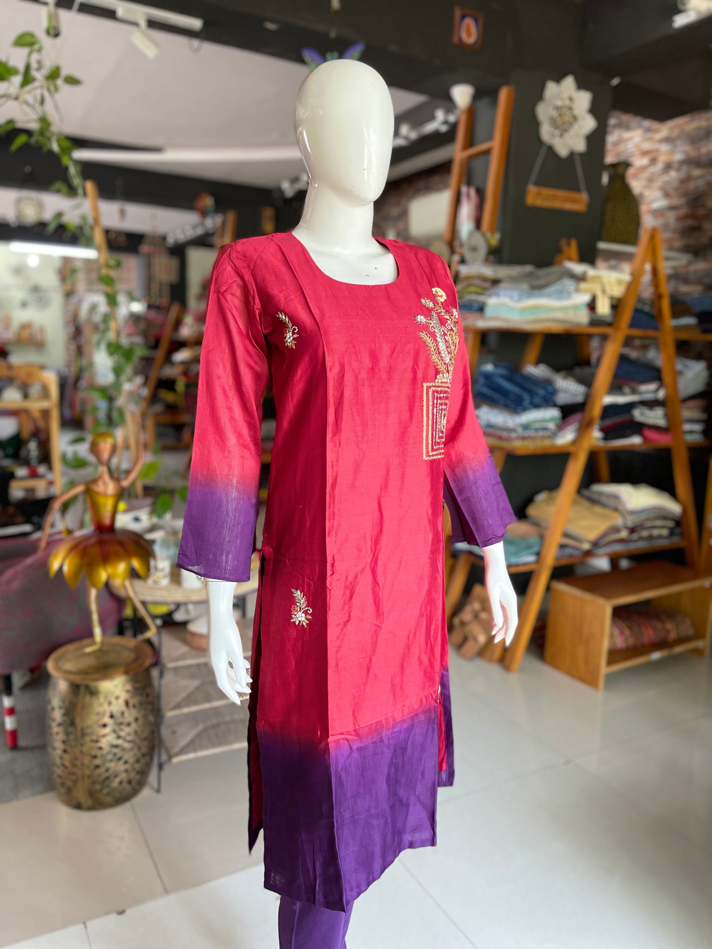 Chanderi red and purple hand embroidered kurti