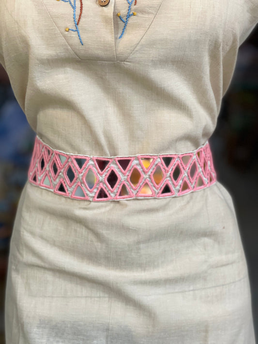 Pink multiple lines mirrors on broad cream belt