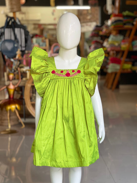 Green art silk frilly sleeves frock with embroidered yoke for girls
