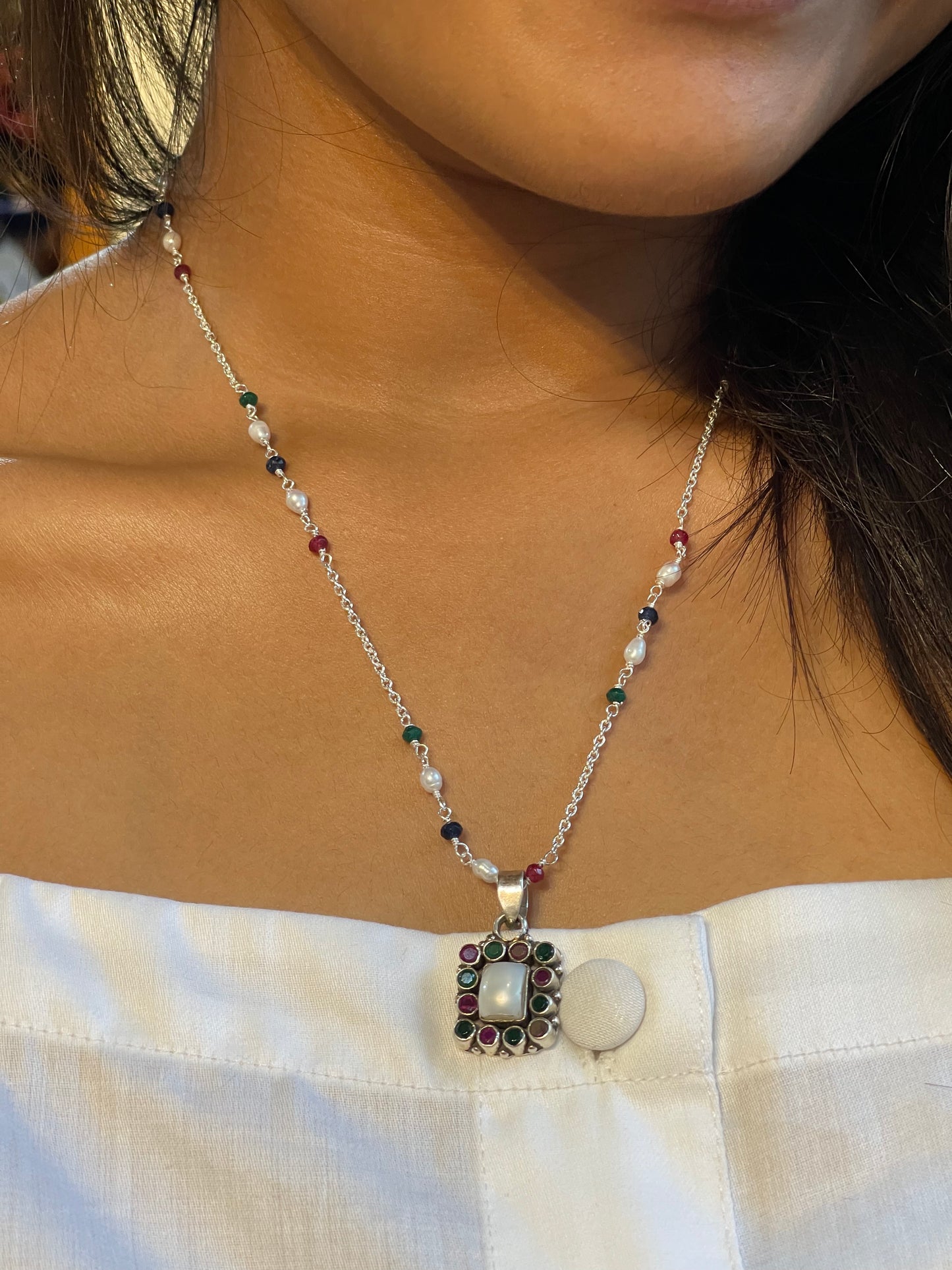 Silver chain with colourful beads and squarish stone pendant