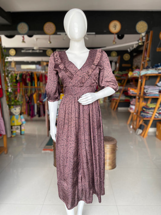 Aubergine shade Polka dots ajrakh modal gathers dress with frills for neckline