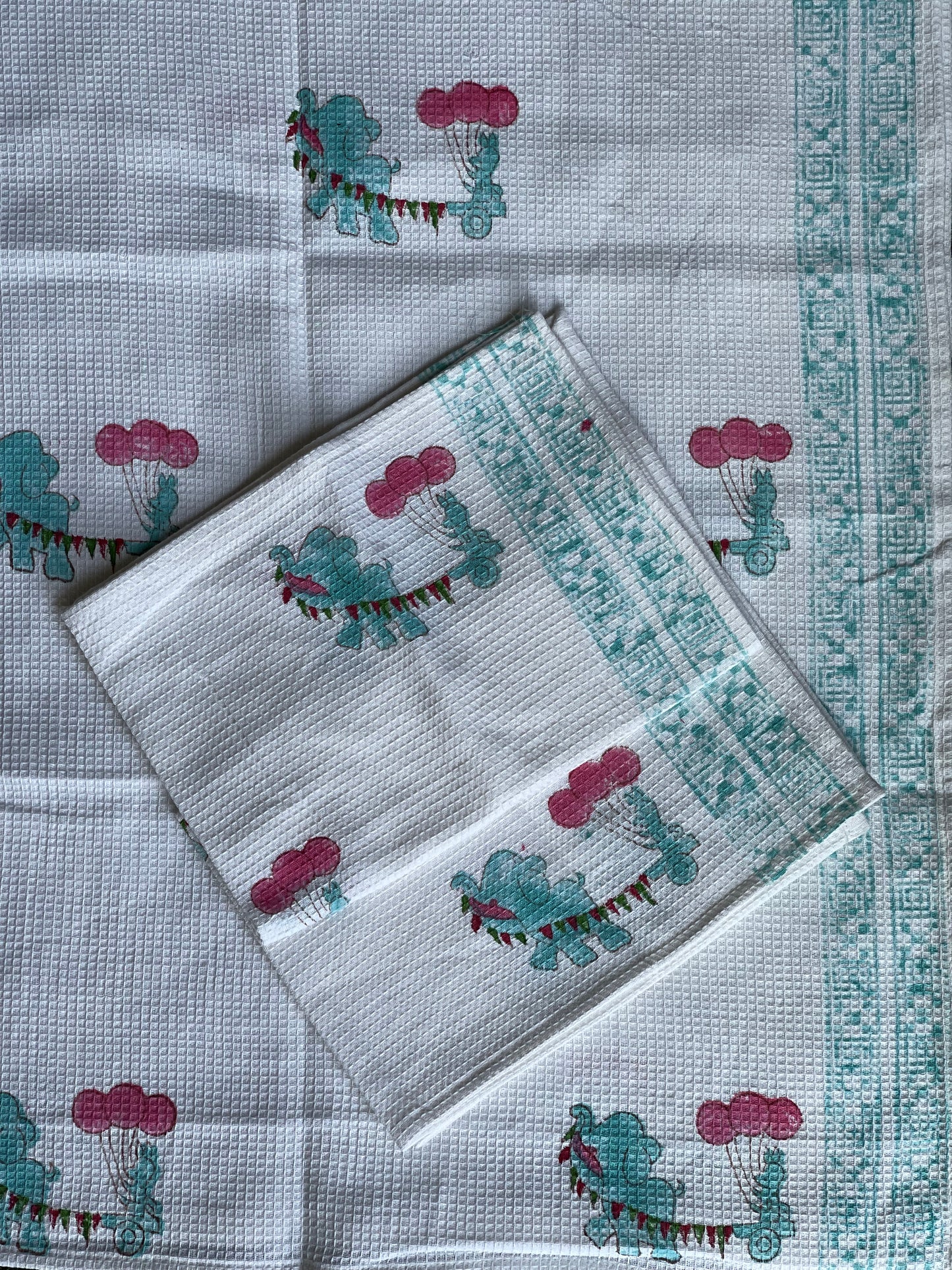 Elephant and balloons hand block printed cotton bath towel and 2 hand towels set