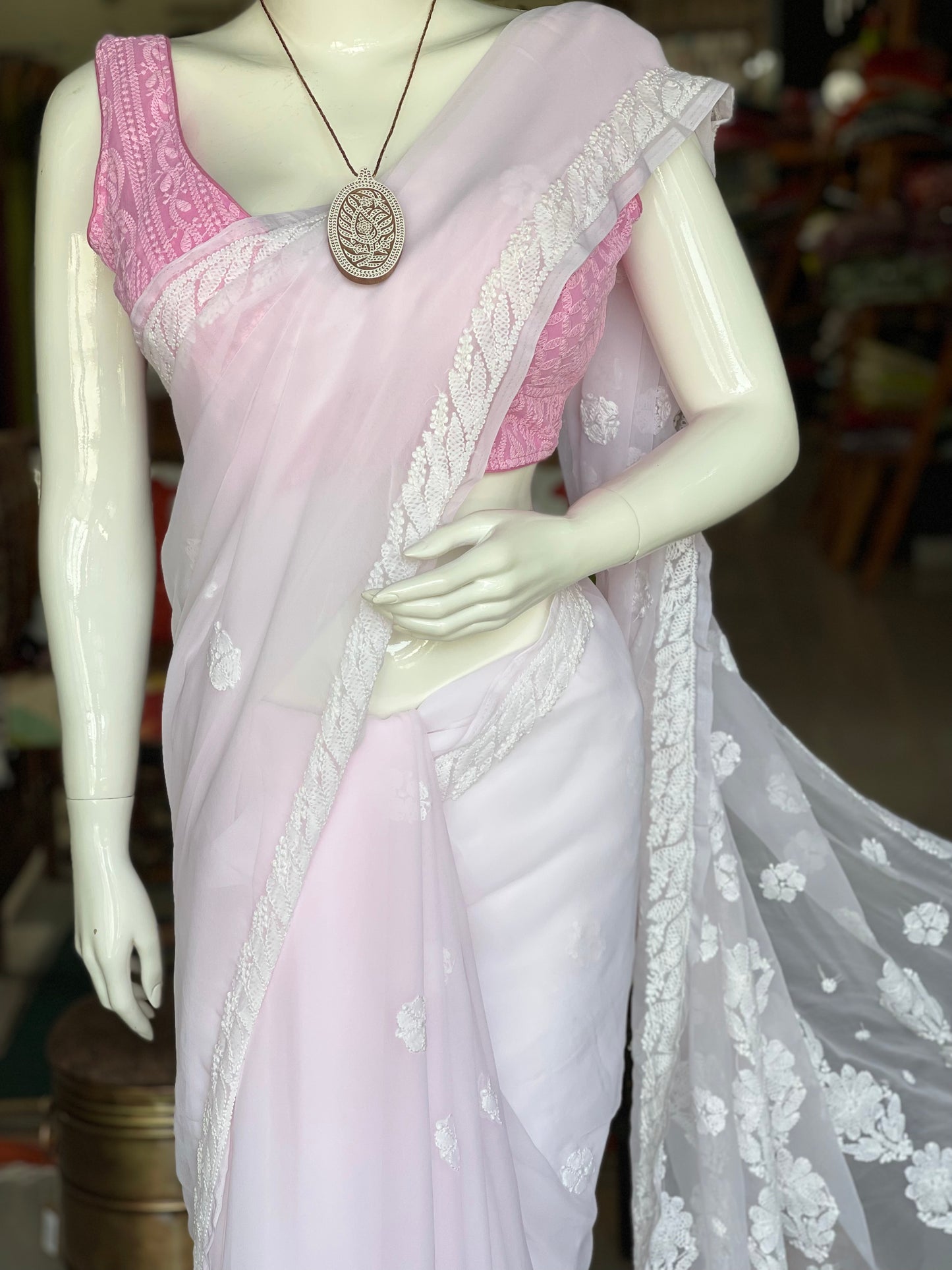 Baby pink Georgette hand embroidered chikankari saree