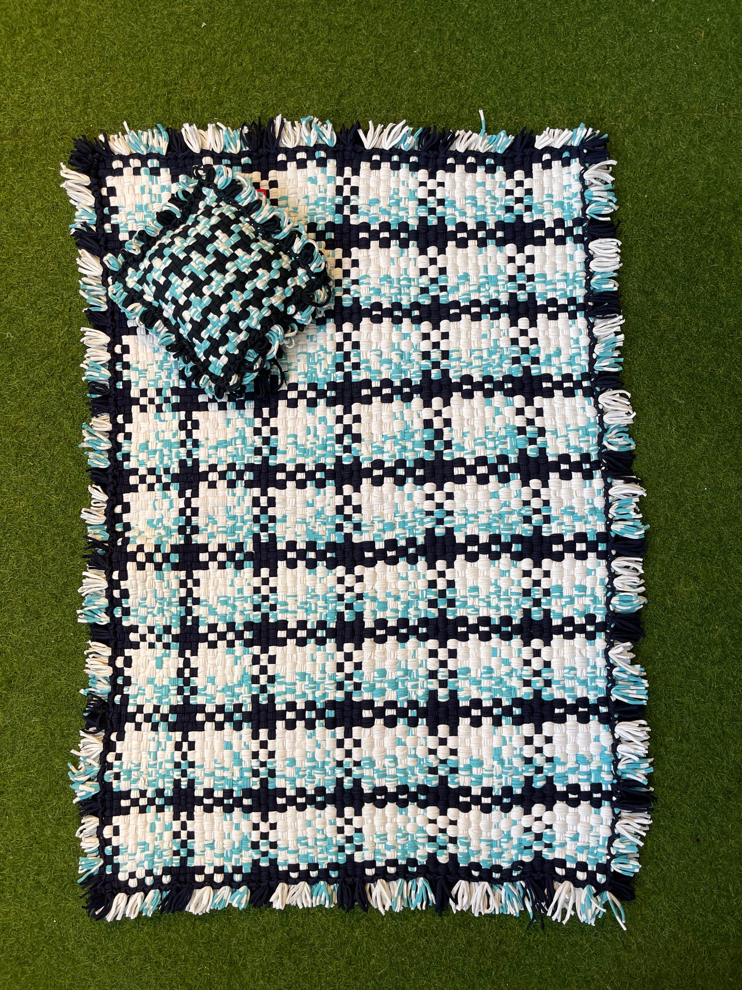 Blue and white checks handwoven upcycled knitted cotton rug