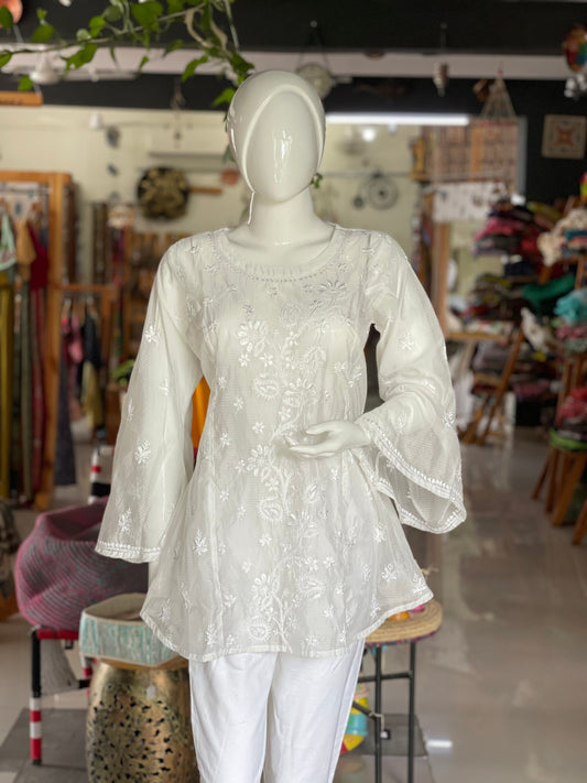 Chikankari hand embroidery tunic on Kota chanderi