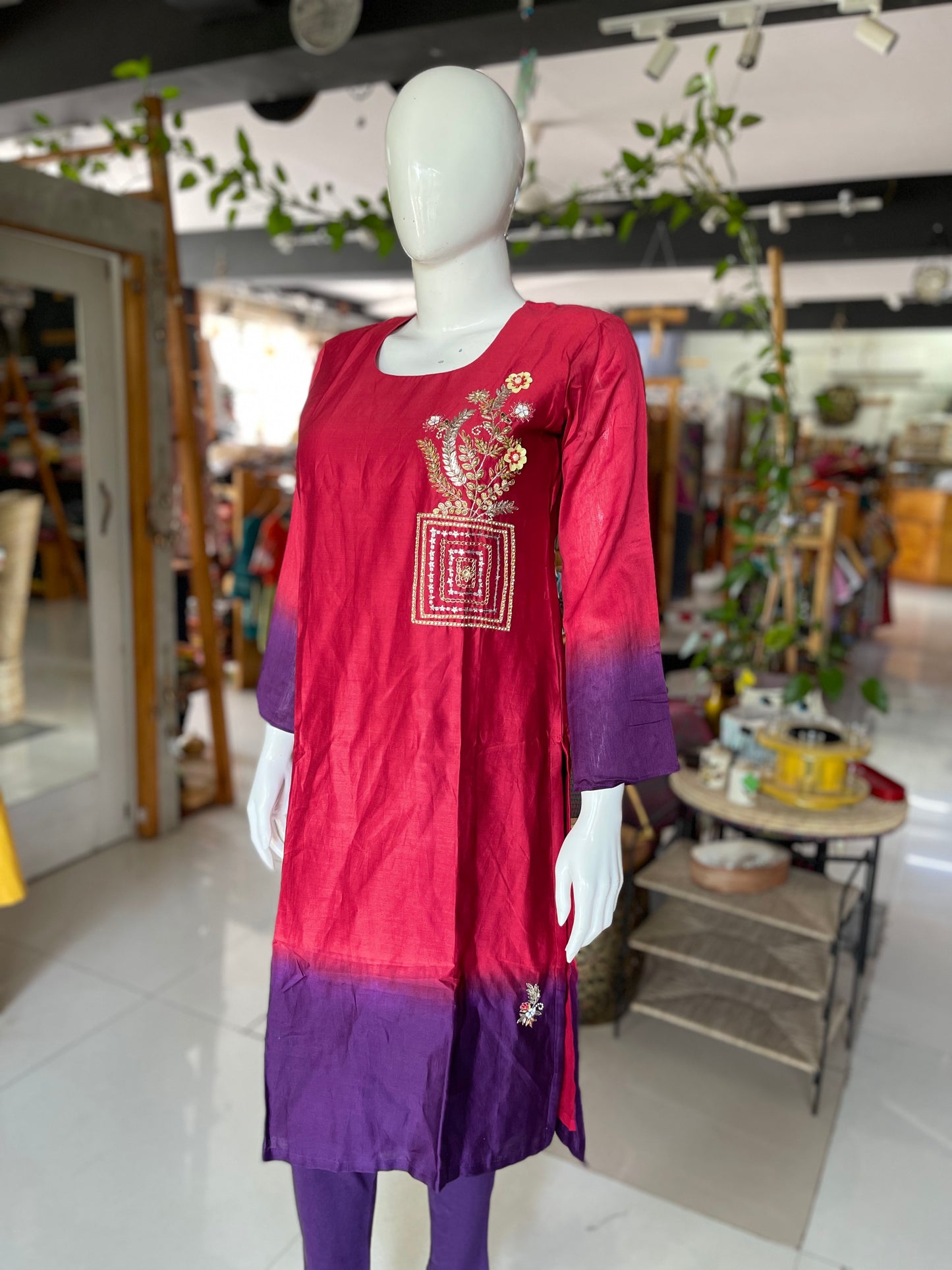 Chanderi red and purple hand embroidered kurti
