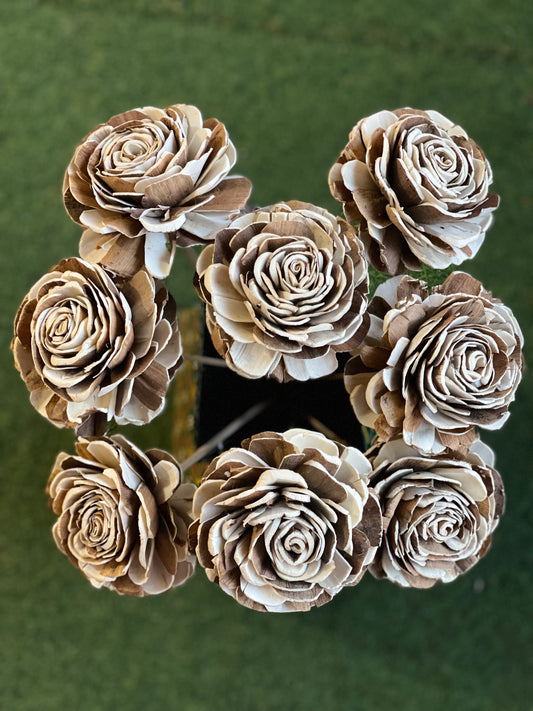 White and brown mix Sholapith handmade rose - 8 cm size approximately