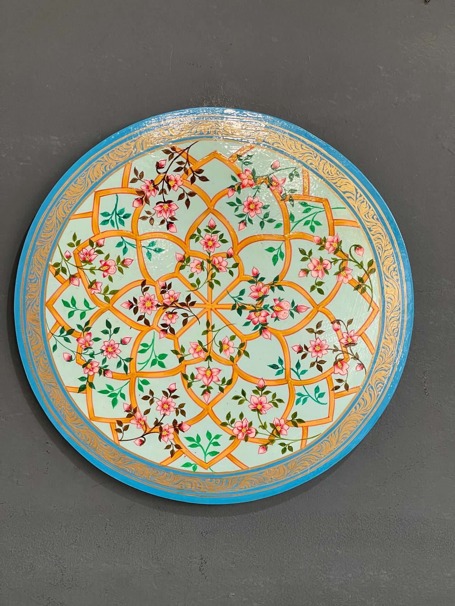 Blue floral fine Kashmiri hand painted wooden wall plate