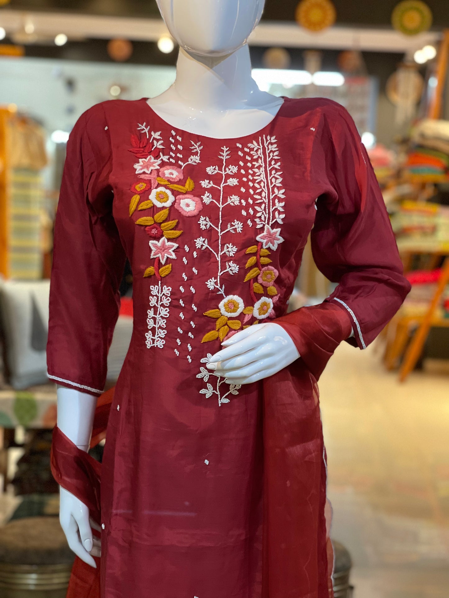 Maroon embroidered dola silk Kurti with chiffon sharara and dupatta set
