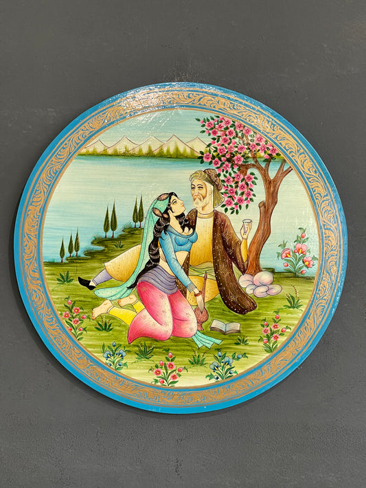Couple under a tree - fine Kashmiri hand painted wooden wall plate - blue