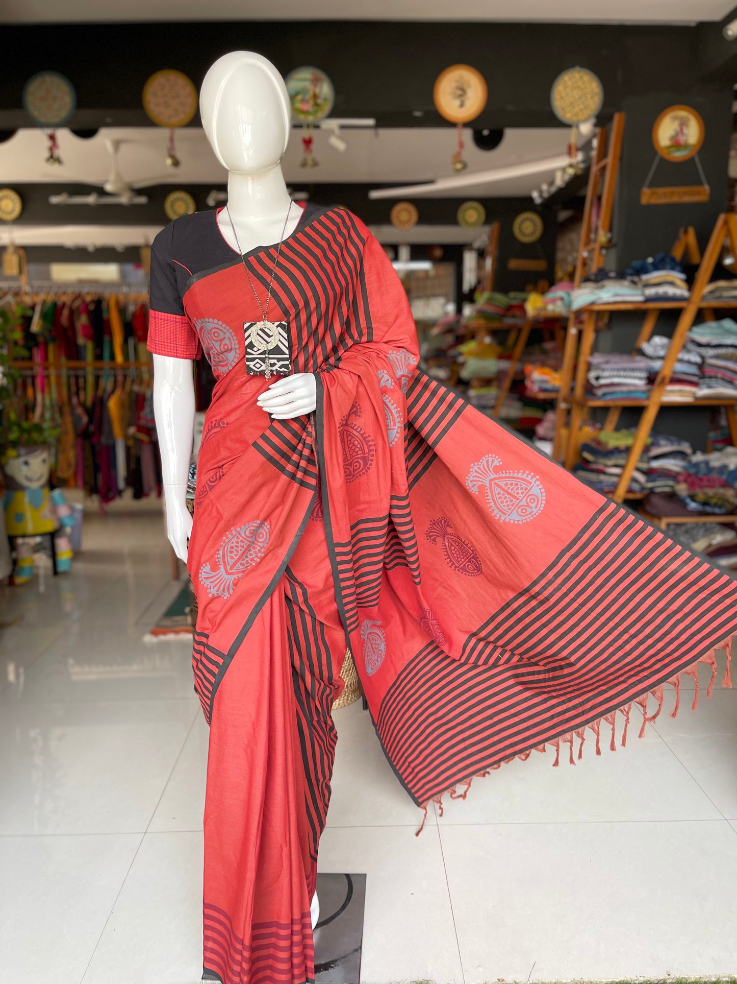 Maroon and black hand block printed cotton designer saree