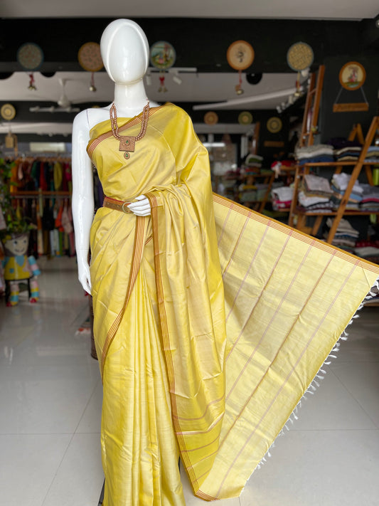 Yellow pure silk handloom kanjeevaram pattu saree with stripes border and pallu