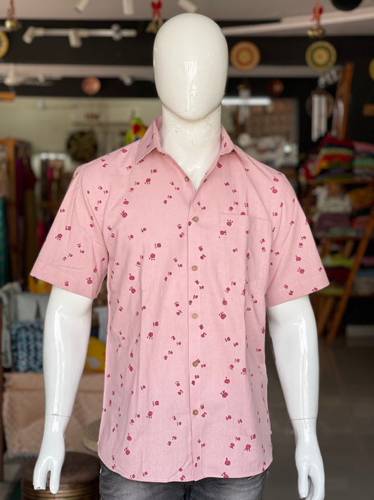 Pink hand woven paw print hand block printed cotton half sleeves shirt for men