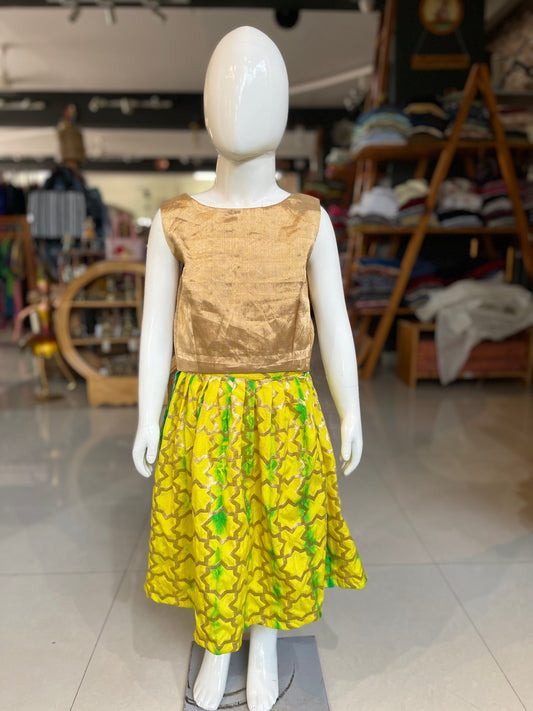 Green and yellow banaras skirt / lehenga, handloom gold silk tissue top for girls