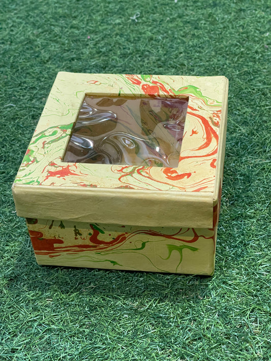 Marbled hand made paper gift box with transparent top - 5 x 5 x 4 inches size