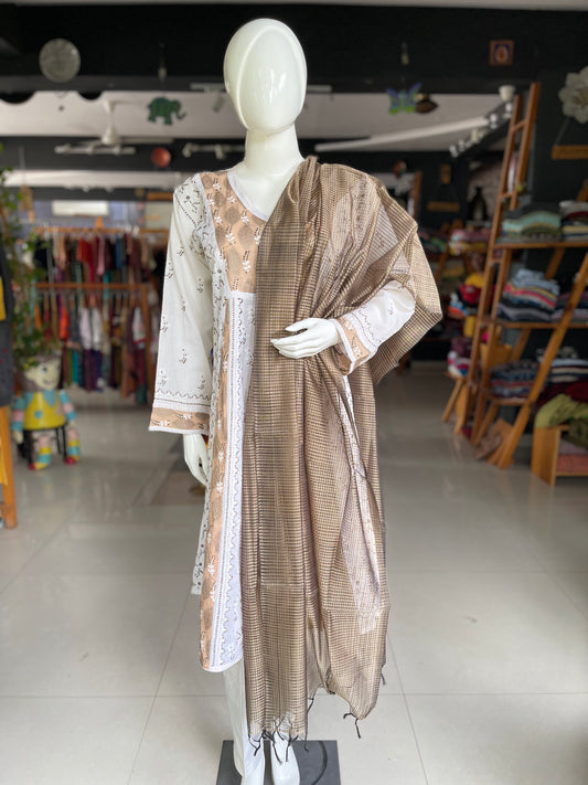 Brown silk cotton handloom Mangalagiri missing checks dupatta