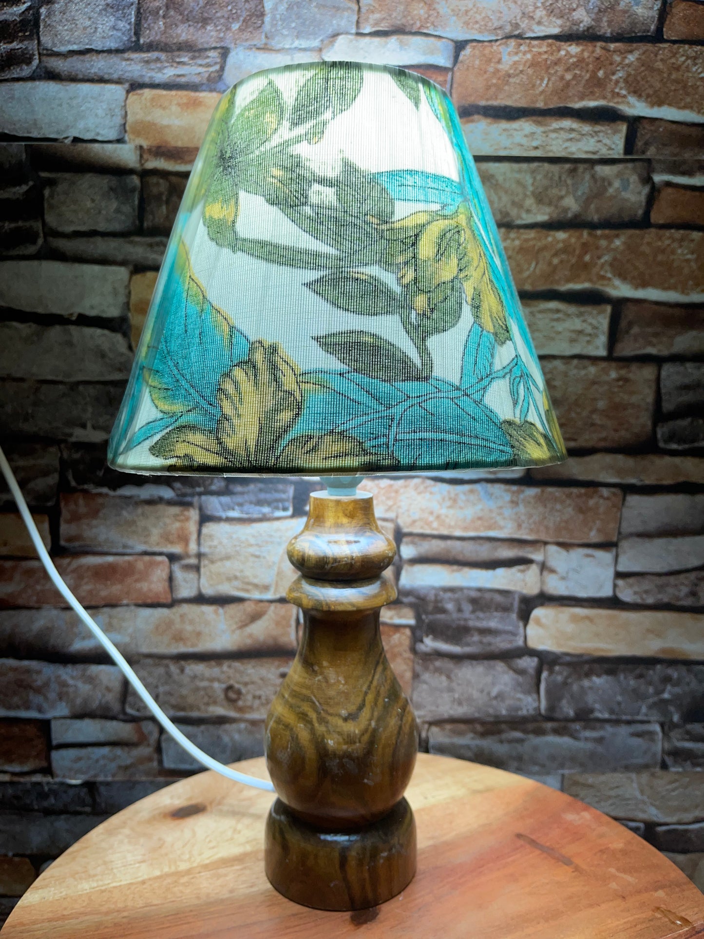 Leaves print lamp shade with wooden base