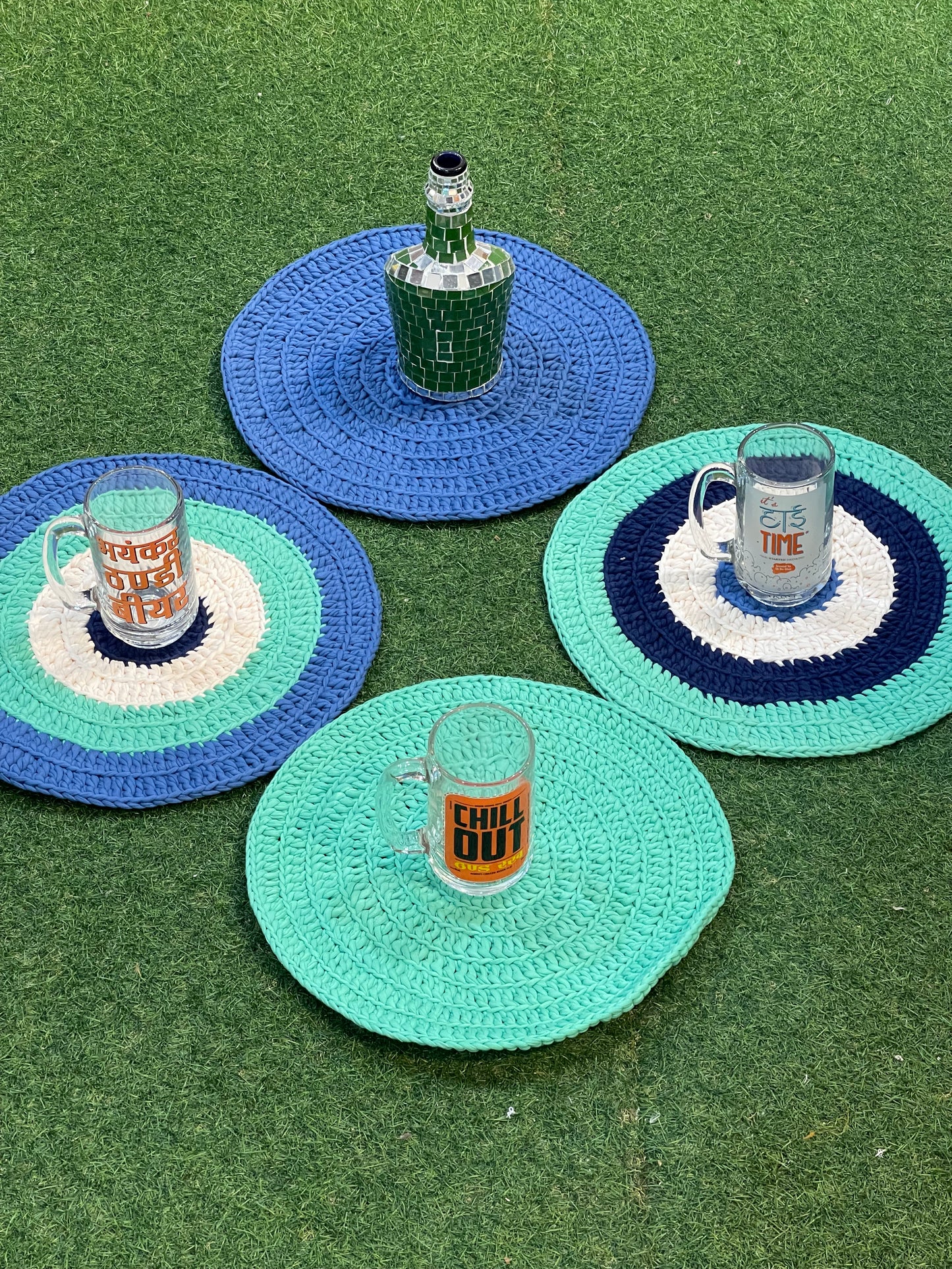 Set of 4 Green, blue and white handwoven upcycled knitted cotton place mats